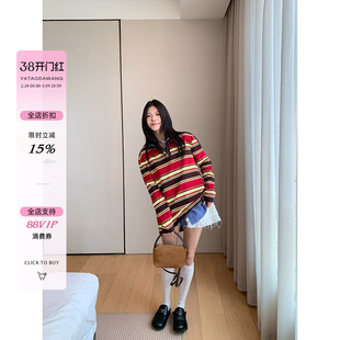 牙套大汪【老友记】长袖条纹打底衫薄款古风女款卫衣慵懒宽松上衣