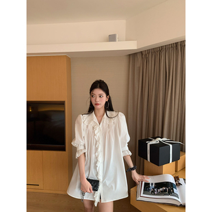 白衬衫 牙套大汪 氛围感荷叶边娃娃领拼花边短袖 法式 奥法庄园