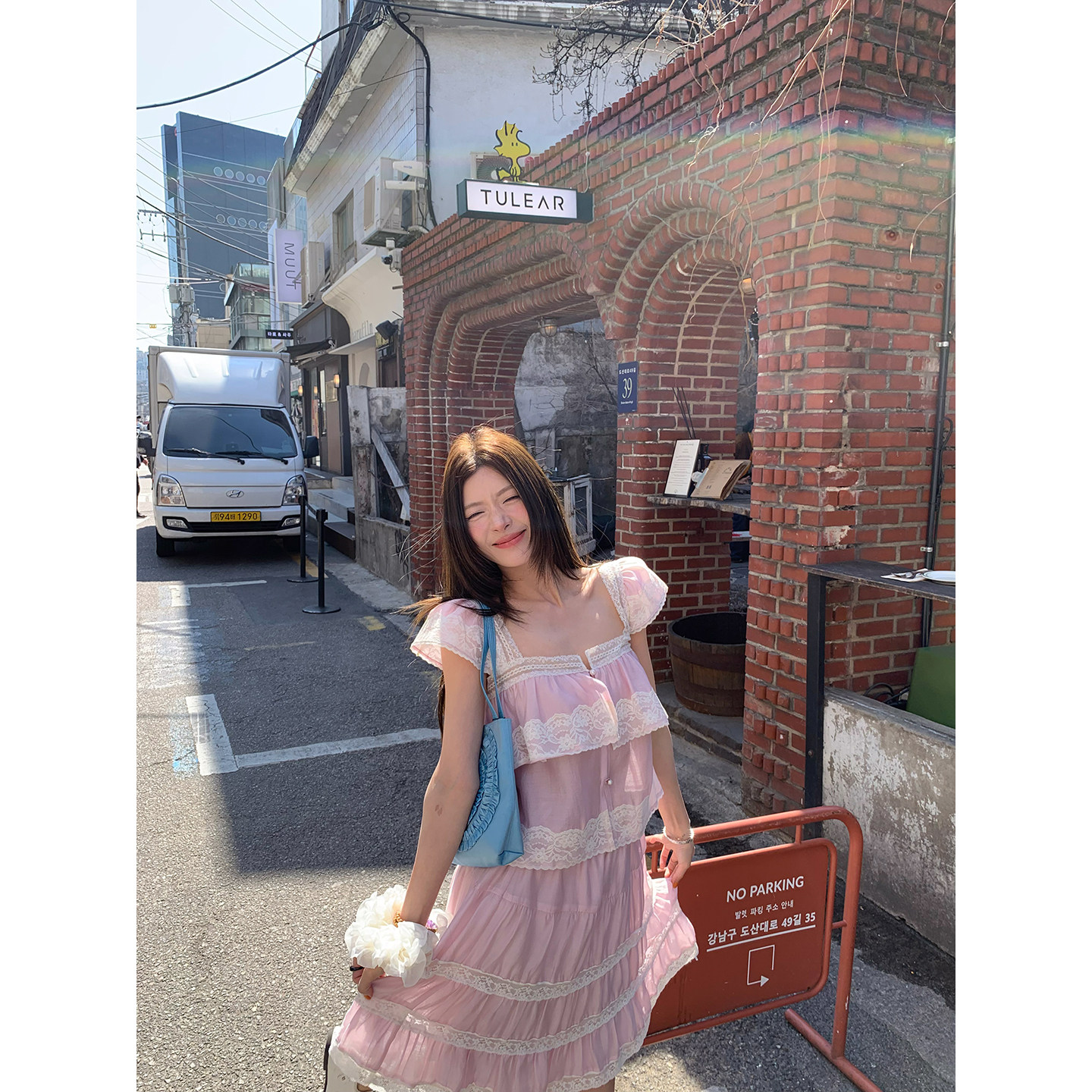 牙套大汪【粉蔷薇】重工花边拼接小飞袖小衫+蕾丝拼接松紧腰半裙