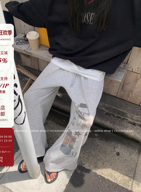 牙套大汪 【英式漫画】j*nie同款 松紧抽绳休闲裤印花长裤