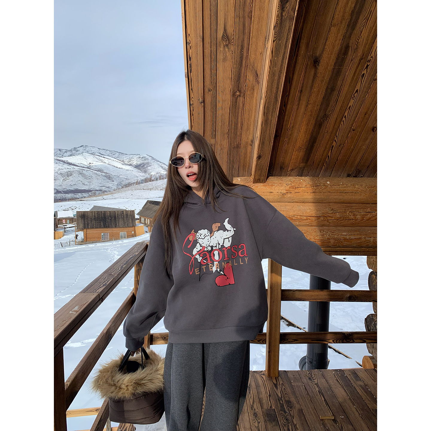 牙套大汪【拜托丘比特】复古印花图案加绒套头连帽宽松卫衣长袖