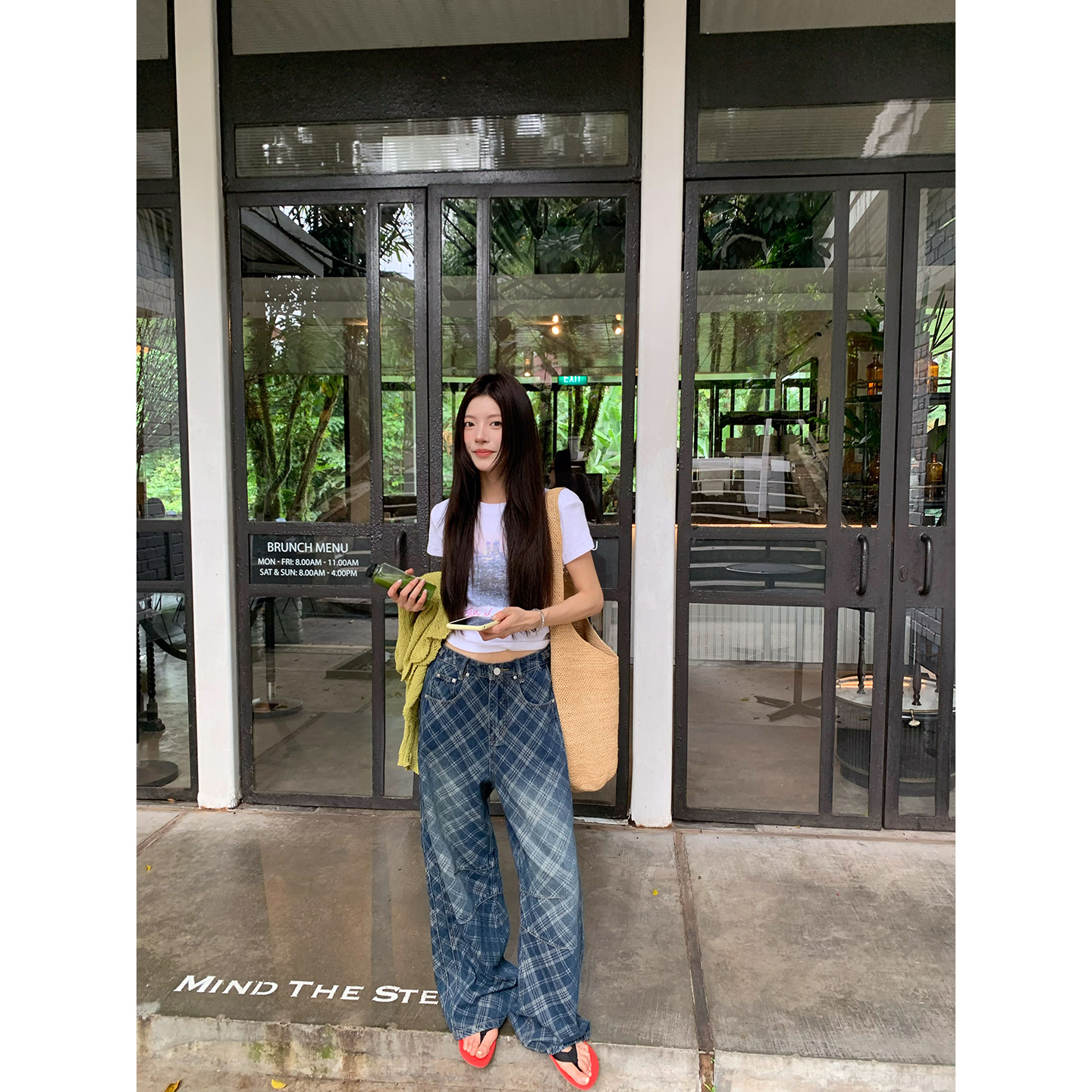 【星期八】美式复古格纹街头豹纹口袋2026新款阔腿百搭休闲牛仔裤