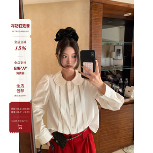 牙套大汪【双轨女孩】宽门襟压褶娃娃领白色学院风棉衬衫