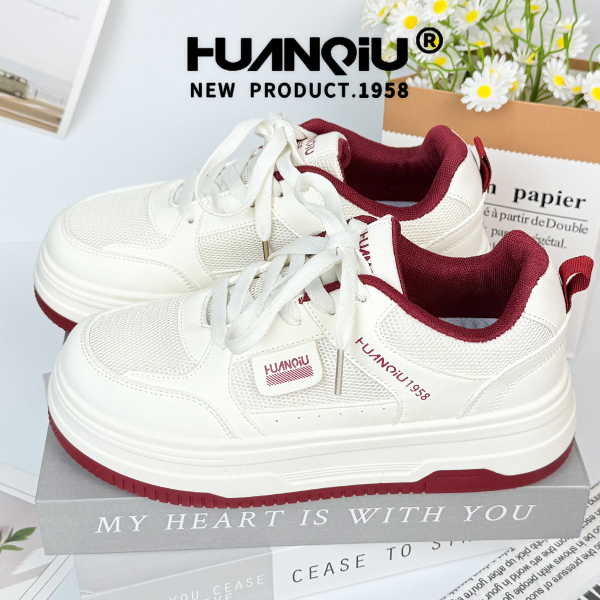 环球草莓红小白鞋女2025夏季新款网面透气板鞋女厚底增高休闲女鞋