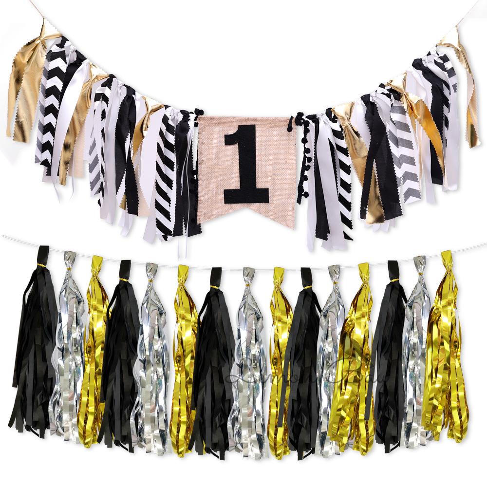 黑金生日派对装饰拉旗 派对场地布置布艺挂旗 酒吧装饰吊旗