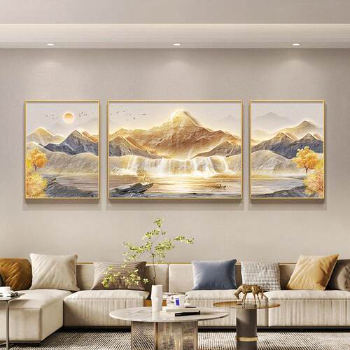 三联日照山水画轻奢客厅装饰画档金山沙发背景墙挂画壁画聚盆