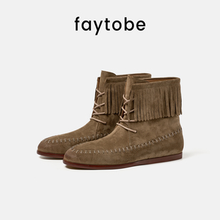 faytobe复古流苏西部靴百搭平底圆头系带短靴显瘦时尚 马丁靴