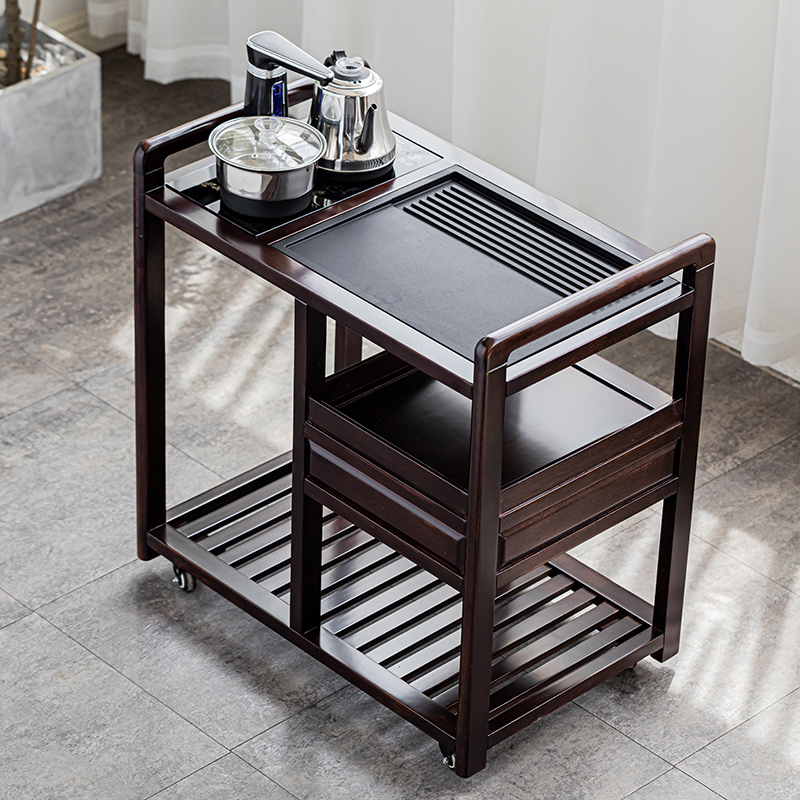 汇享实木茶车乌金石可移动带轮茶台茶水柜功夫茶桌边柜中式家具