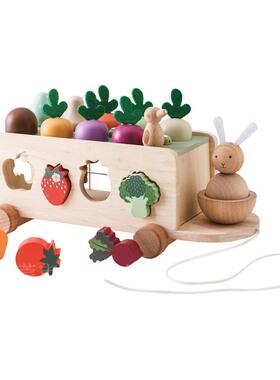 儿童益智农场萝抓虫卜玩具宝宝趣442味状配对拔拉形线智力车木质