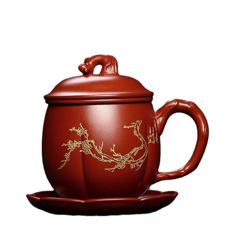 紫砂盖杯茶具原矿黄段泥梅花办公杯套组茶漏过滤三件套茶杯子厂家