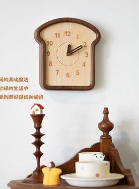 吐司时钟/实木面包挂钟摆件可爱创意樱桃木黑胡桃原木风墙面装饰