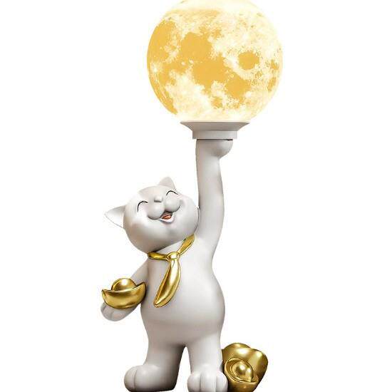 招财猫月球灯桌面装饰摆件卧室儿童房树脂工艺品新房送礼乔迁结婚