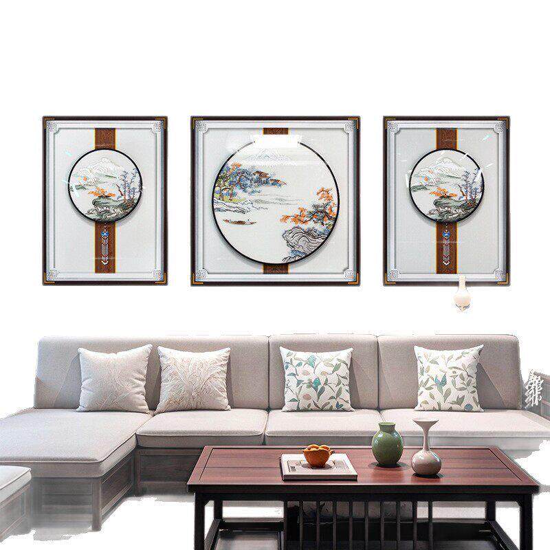 新中式客厅装饰画刺绣山水画沙发背景墙壁画苏绣立体级感三联画