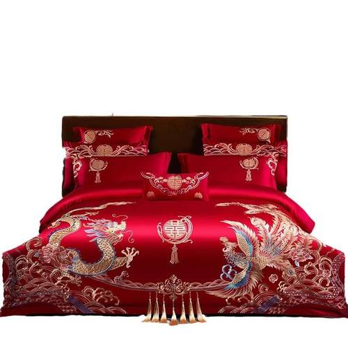 2024新款婚庆四件套重工艺刺绣棉被套婚房正红龙凤九件套床上用品