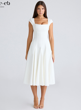 House of CB高级优雅白色方领斜纹中长连衣裙Raisa