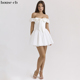 House CB俏皮甜美白色一字领束腰迷你连衣裙Jaide