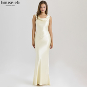 House CB精致优雅奶油白缎面垂领露背超长连衣裙Safaira