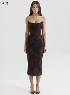 House of CB高贵优雅巧克力色蕾丝连衣裙配坎肩Larra