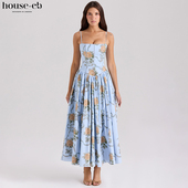 House CB天蓝色复古玫瑰印花棉质中长太阳裙Ysabella