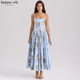 House CB天蓝色复古玫瑰印花棉质中长太阳裙Ysabella