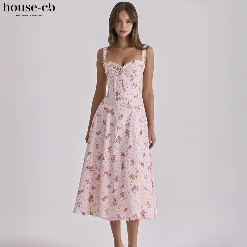 House of CB田园风复古粉色玫瑰印花中长连衣裙Rosalee