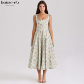 House CB精致鼠尾草绿色花卉印花棉质中长连衣裙Mariabella