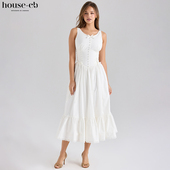 House CB轻盈舒适白色弹力棉绑带中长连衣裙Sienna