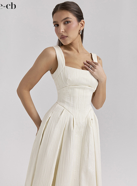 House of CB时尚休闲象牙白色缎面束腰中长连衣裙Isabeau