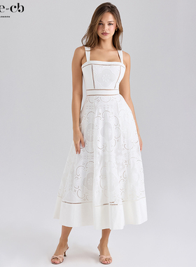 House of CB轻盈优雅白色弹力棉英式刺绣中长连衣裙Ava