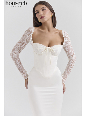 House of CB 秋冬款显身材性感复古象牙白缎面超长连衣裙Perdi