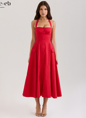 House of CB优雅复古红色挂脖式纽扣中长连衣裙Claudia