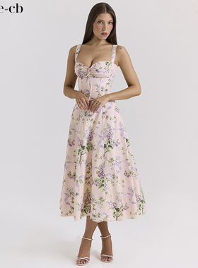 House of CB优雅百搭蜜桃色花卉束腰中长连衣裙Rosalee