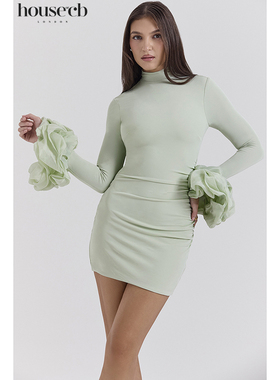 House of CB 秋冬款清新淡雅淡黄绿色荷叶袖迷你连衣裙Camilla