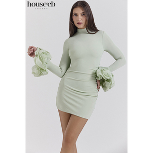 House of CB 秋冬款清新淡雅淡黄绿色荷叶袖迷你连衣裙Camilla