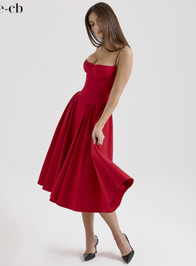 House of CB复古迷人红色束腰中长连衣裙Samaria