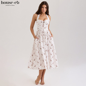 House CB田园风优雅奶油花卉印花弹力棉挂脖中长连衣裙Emilia