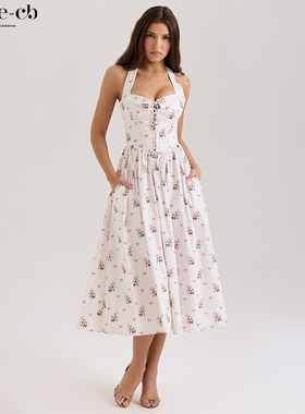 House of CB田园风优雅奶油花卉印花弹力棉挂脖中长连衣裙Emilia