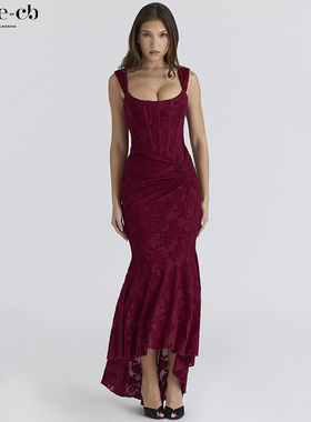 House of CB复古酒红色花卉蕾丝束腰超长连衣裙Cesca