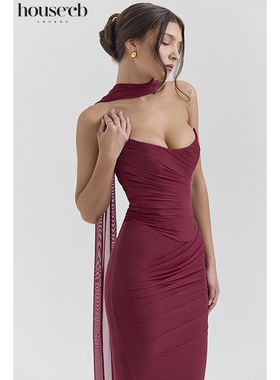 House of CB 修身优雅酒红色露肩紧身胸衣配领巾Hallie