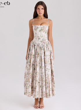 House of CB田园风复古奶油色花卉印花棉质中长太阳裙Ysabella