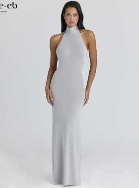 House of CB丝滑奢华银灰色挂脖露背超长连衣裙Nova