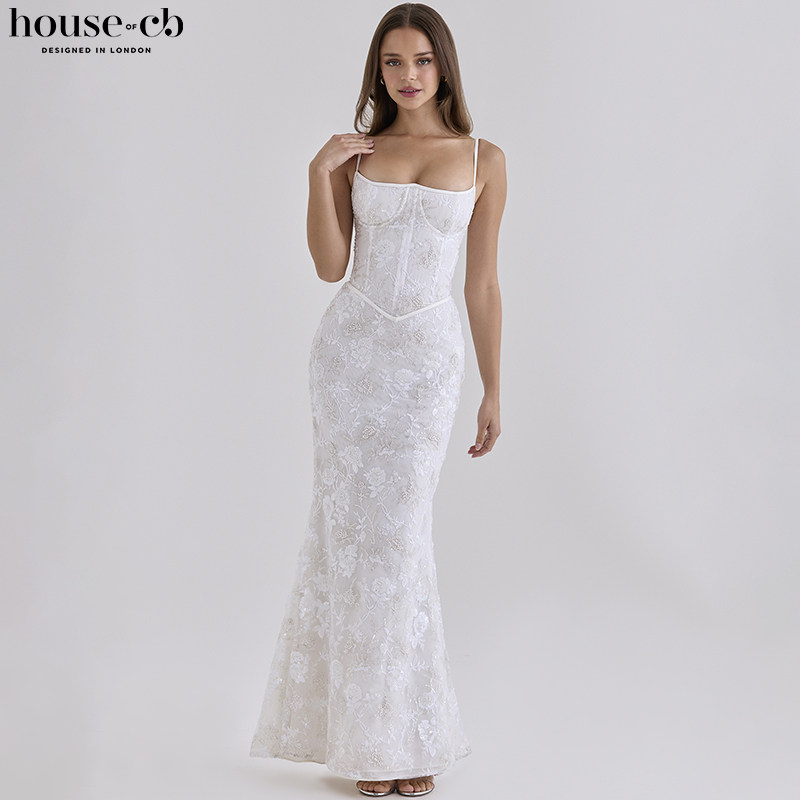 House of CB优雅白色手工珠绣束腰超长裙Naima