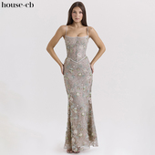 House CB高贵优雅银色镶饰珠绣超长连衣裙Naima