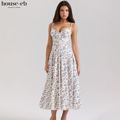 House CB田园风奶油白弹力棉花卉印花中长连衣裙Steffani