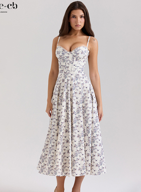 House of CB田园风奶油白弹力棉花卉印花中长连衣裙Steffani