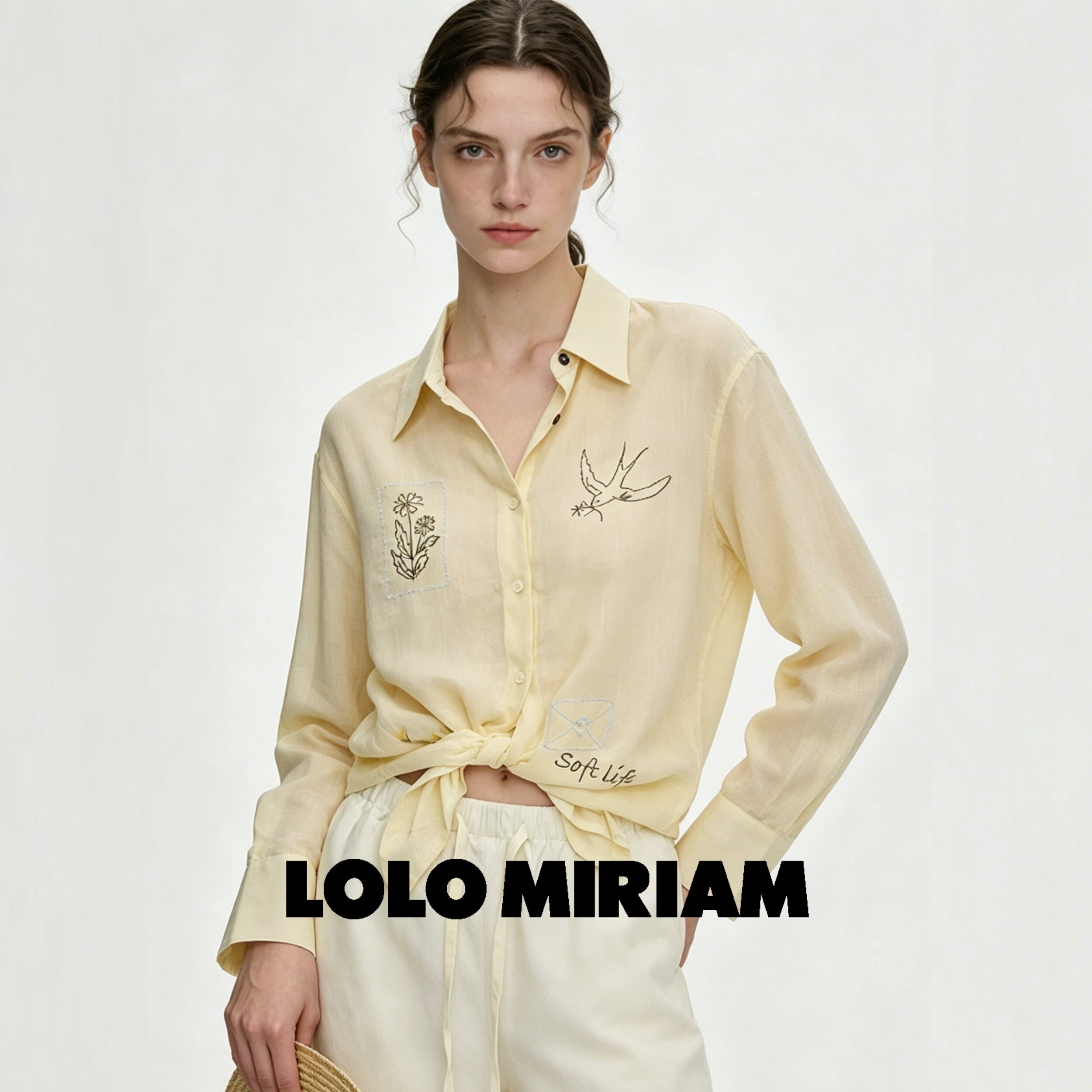 LOLO MIRIAM26夏100%苎麻刺绣衬衫文艺风长袖上衣学院213220C027