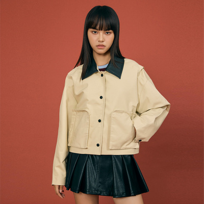 Farenew26春设计师款工装短夹克复古休闲PU领短外套31827004