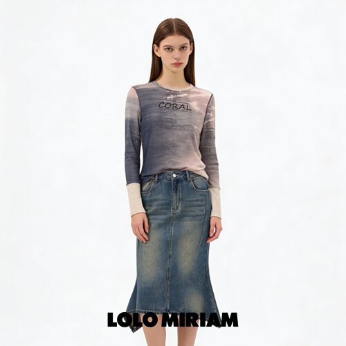 LOLO MIRIAM26秋满印打底衫渐变拼色上衣显瘦印花长袖213220C021