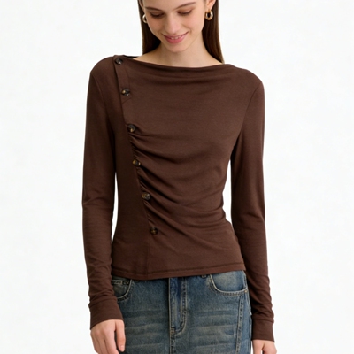 LOLO MIRIAM26春莱赛尔收褶打底衫法式咖色修身213220C016