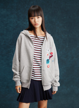 Farenew26春连帽卫衣女灰色爱心徽章休闲复古外套31827Q1W1003